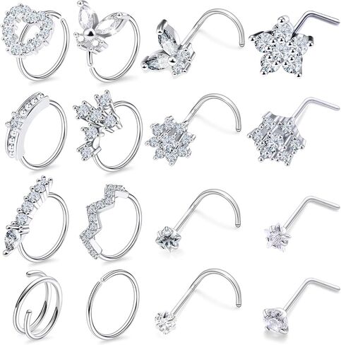 20G Nose Rings Hoops Piercing Jewelry for Women 316L Stainless Surgical Steel L Shaped Corkscrew Diamond CZ Nose Rings Studs Nostril Piercing Jewelry for Women Men Silver Gold Hypoallergenic in Saudi Arabia