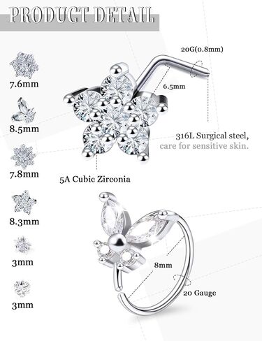 20G Nose Rings Hoops Piercing Jewelry for Women 316L Stainless Surgical Steel L Shaped Corkscrew Diamond CZ Nose Rings Studs Nostril Piercing Jewelry for Women Men Silver Gold Hypoallergenic in Saudi Arabia