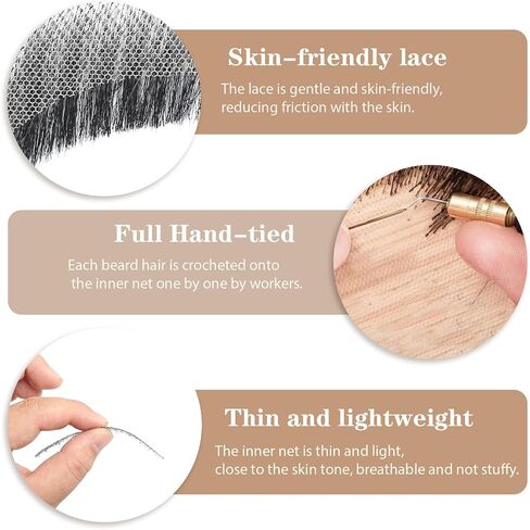 Fake Beard Human Hair Realistic Fake Mustache for Men, Full Hand-tied Invisible Lace Fake Facial Hair Natural Black Reusable Fake Goatee Costume Beard for Halloween Cosplay Party Drama in Saudi Arabia