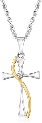 Sterling Silver and 14kt Yellow Gold Cross Pendant Necklace With Single Diamond in Saudi Arabia