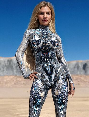 Crystal Shard Bodysuit Women Sci-Fi Fantasy Reflective Armor Cosplay Costume Party Jumpsuit with Hidden Zipper in Saudi Arabia