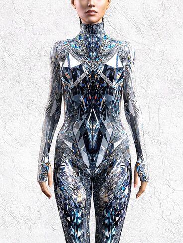 Crystal Shard Bodysuit Women Sci-Fi Fantasy Reflective Armor Cosplay Costume Party Jumpsuit with Hidden Zipper in Saudi Arabia