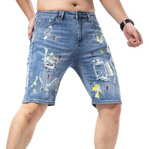 Mens Jean Shorts Distressed Ripped Denim Shorts Paint Process Summer Casual Classic Straight Short Jeans in Saudi Arabia