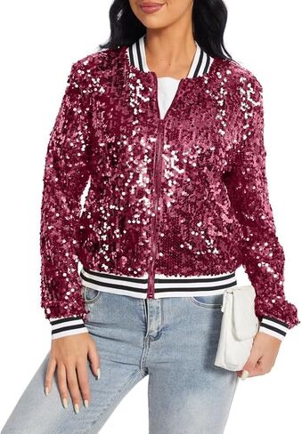 Womens Sequin Jacket Party Festival Outfit Long Sleeve Zipper Up Stylish Glitter Blazer Bomber Jacket in Saudi Arabia