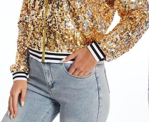 Womens Sequin Jacket Party Festival Outfit Long Sleeve Zipper Up Stylish Glitter Blazer Bomber Jacket in Saudi Arabia