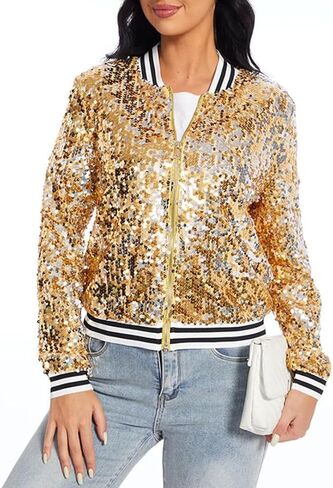 Womens Sequin Jacket Party Festival Outfit Long Sleeve Zipper Up Stylish Glitter Blazer Bomber Jacket in Saudi Arabia