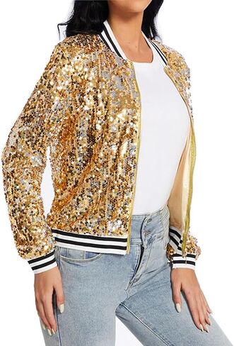 Womens Sequin Jacket Party Festival Outfit Long Sleeve Zipper Up Stylish Glitter Blazer Bomber Jacket in Saudi Arabia