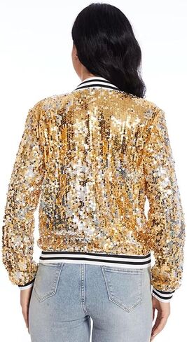 Womens Sequin Jacket Party Festival Outfit Long Sleeve Zipper Up Stylish Glitter Blazer Bomber Jacket in Saudi Arabia