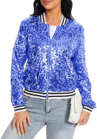 Womens Sequin Jacket Party Festival Outfit Long Sleeve Zipper Up Stylish Glitter Blazer Bomber Jacket in Saudi Arabia