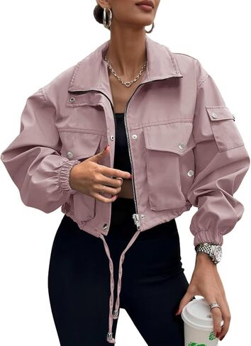 سترة القاذفات التي تم اقتصاصها النسائية 2025 عصرية zip Up معطف anorak فائدة خفيفة الوزن مع جيوب in Kuwait