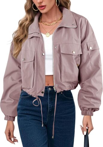 سترة القاذفات التي تم اقتصاصها النسائية 2025 عصرية zip Up معطف anorak فائدة خفيفة الوزن مع جيوب in Kuwait