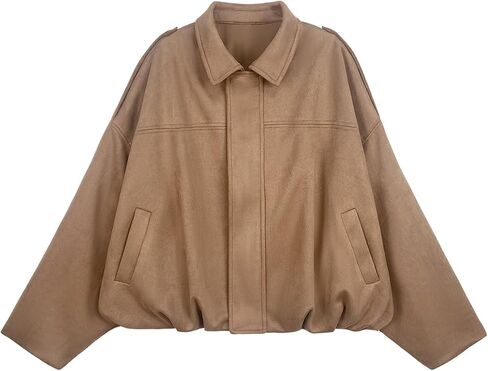 Womens Bomber Jacket Faux Suede Casual Cropped Pilot Coat Lapel Collar Causal Oversized Trendy Outwear in Saudi Arabia