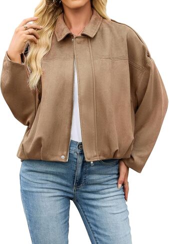 Womens Bomber Jacket Faux Suede Casual Cropped Pilot Coat Lapel Collar Causal Oversized Trendy Outwear in Saudi Arabia