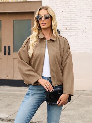 Womens Bomber Jacket Faux Suede Casual Cropped Pilot Coat Lapel Collar Causal Oversized Trendy Outwear in Saudi Arabia