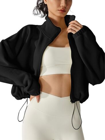 Womens Fleece Short Jacket Long Sleeve Full Zip Stand Collar Sherpa Crop Coat in Kuwait
