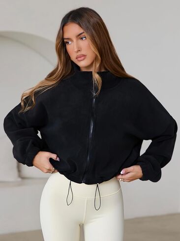 Womens Fleece Short Jacket Long Sleeve Full Zip Stand Collar Sherpa Crop Coat in Kuwait