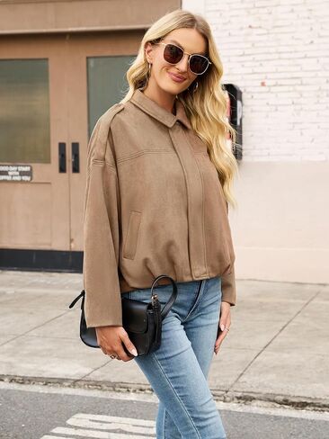 Womens Bomber Jacket Faux Suede Casual Cropped Pilot Coat Lapel Collar Causal Oversized Trendy Outwear in Saudi Arabia