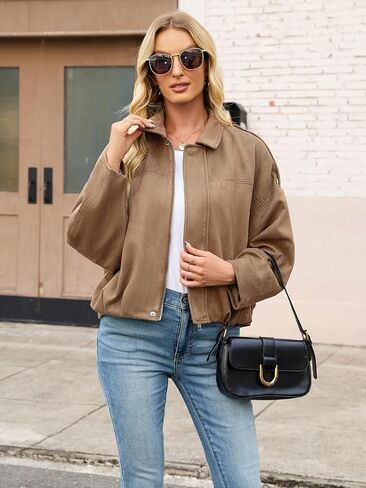 Womens Bomber Jacket Faux Suede Casual Cropped Pilot Coat Lapel Collar Causal Oversized Trendy Outwear in Saudi Arabia