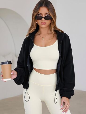 Womens Fleece Short Jacket Long Sleeve Full Zip Stand Collar Sherpa Crop Coat in Kuwait