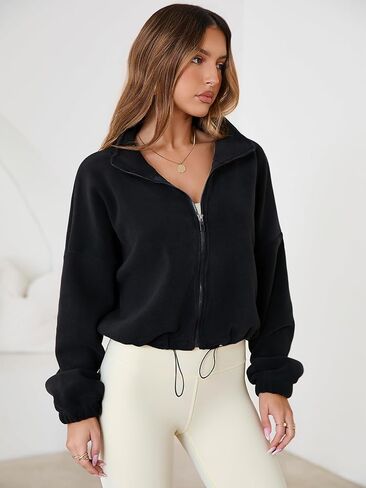 Womens Fleece Short Jacket Long Sleeve Full Zip Stand Collar Sherpa Crop Coat in Kuwait