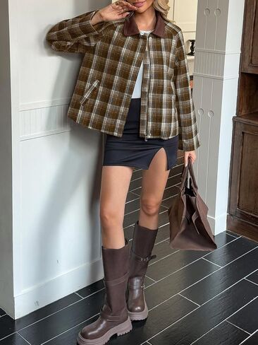 Tankaneo Womens Plaid Cropped Jackets Barn Lightweight Flannel Zip Up Utility Coat Casual Short Jacket with Pockets in Saudi Arabia