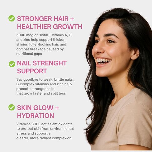 الجمال+ أظافر الشعر والفيتامينات الجلدية - Biotin Gummies 5000 MCG - الفولات - فيتامين B المعقدة B5 ، B6 ، B12 - الفيتامينات البيوتين - غموض نمو الشعر أسرع ، أظافر أقوى ، رعاية جلدية صحية in Saudi Arabia