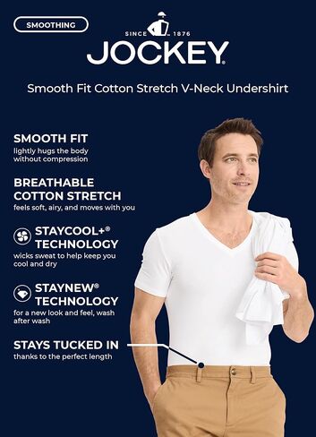 Jockey Men's Undershirt Smooth Fit Cotton Stretch V-Neck Undershirt - 3 Pack in Saudi Arabia