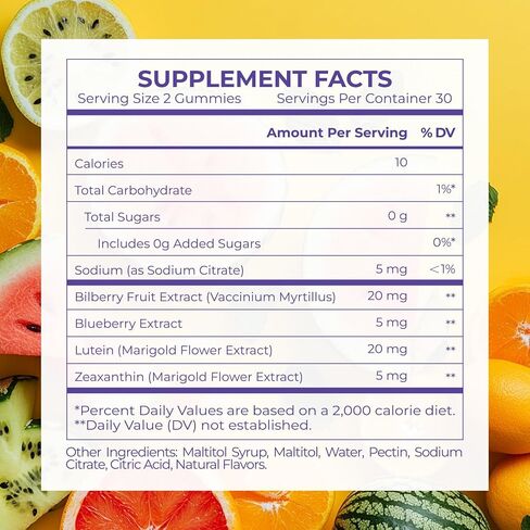 Lutein & Zeaxanthin Gummies - 20mg Lutein + Bilberry, No Sugar, Blue Light Support - Ideal for Dry Eyes & Daily Eye Wellness,120count in Saudi Arabia