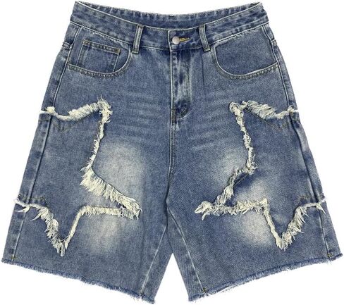 Men's Pattern Embroidery Jean Shorts Casual Distressed Denim Shorts Summer Short Pants with Pockets in Kuwait