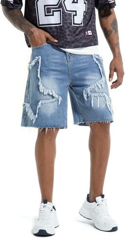 Men's Pattern Embroidery Jean Shorts Casual Distressed Denim Shorts Summer Short Pants with Pockets in Kuwait