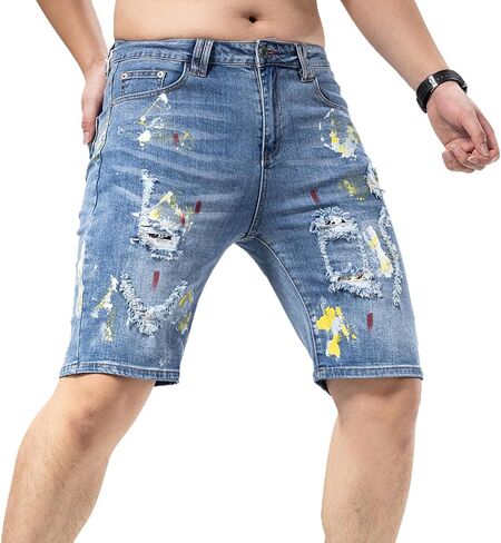 Mens Jean Shorts Distressed Ripped Denim Shorts Paint Process Summer Casual Classic Straight Short Jeans in Saudi Arabia