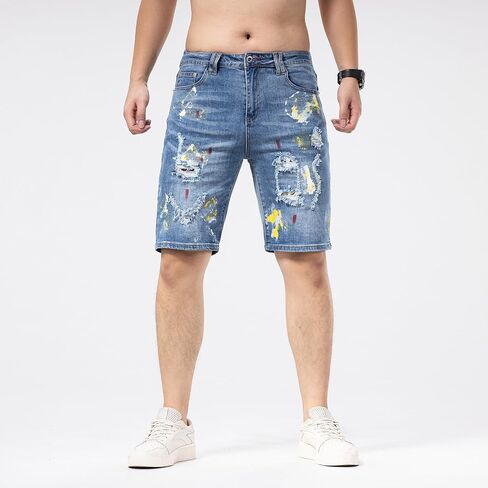 Mens Jean Shorts Distressed Ripped Denim Shorts Paint Process Summer Casual Classic Straight Short Jeans in Saudi Arabia