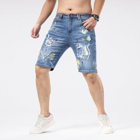 Mens Jean Shorts Distressed Ripped Denim Shorts Paint Process Summer Casual Classic Straight Short Jeans in Saudi Arabia