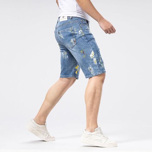 Mens Jean Shorts Distressed Ripped Denim Shorts Paint Process Summer Casual Classic Straight Short Jeans in Saudi Arabia