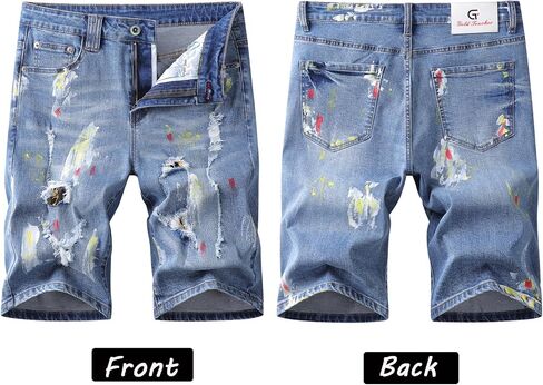 Mens Jean Shorts Distressed Ripped Denim Shorts Paint Process Summer Casual Classic Straight Short Jeans in Saudi Arabia