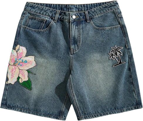 Men's Eagle Cross Graphic Jean Shorts Y2K Washed Baggy Denim Shorts Jorts with Pockets in Saudi Arabia