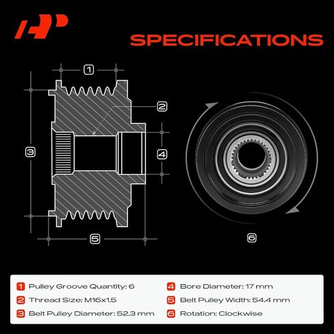 A-Premium المولد المولد Freewheel Clutch Pulley متوافق مع Mercedes-Benz W213 Series E300 2017-2019 ، W253 Series GLC300 2018-2020 ، 2.0L ، 6 الأخاديد في اتجاه عقارب الساعة in Kuwait