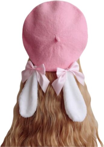 Kawaii Bunny Ear Beret Hat with Bow Cute Lolita Style Cosplay Hat Furry Rabbit Ear Artist Cap for Girls & Teens in Saudi Arabia