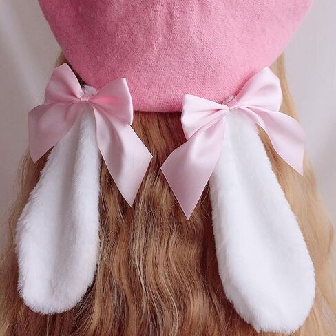 Kawaii Bunny Ear Beret Hat with Bow Cute Lolita Style Cosplay Hat Furry Rabbit Ear Artist Cap for Girls & Teens in Saudi Arabia