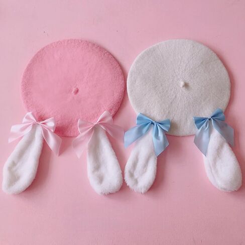 Kawaii Bunny Ear Beret Hat with Bow Cute Lolita Style Cosplay Hat Furry Rabbit Ear Artist Cap for Girls & Teens in Saudi Arabia