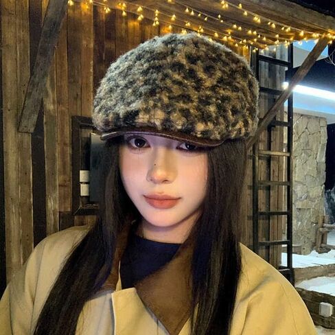 Y2K Leopard Print Plush Beret Hat Winter Winter Warm Dark Hat Hat Retro French Long Brim Newsboy Caps (الولايات المتحدة ، ألفا ، مقاس واحد ، رمادي) in Saudi Arabia