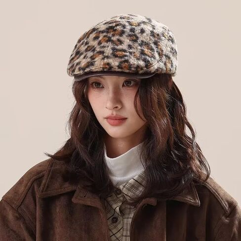 Y2K Leopard Print Plush Beret Hat Winter Winter Warm Dark Hat Hat Retro French Long Brim Newsboy Caps (الولايات المتحدة ، ألفا ، مقاس واحد ، رمادي) in Saudi Arabia