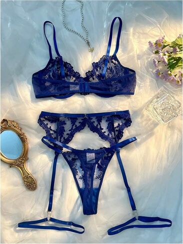 SOLY HUX Women's Push Up Lingerie Floral Mesh Bra and Thongs Panty with Garter Belt Sexy Underwear in Saudi Arabia