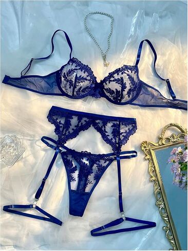 SOLY HUX Women's Push Up Lingerie Floral Mesh Bra and Thongs Panty with Garter Belt Sexy Underwear in Saudi Arabia