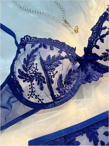 SOLY HUX Women's Push Up Lingerie Floral Mesh Bra and Thongs Panty with Garter Belt Sexy Underwear in Saudi Arabia
