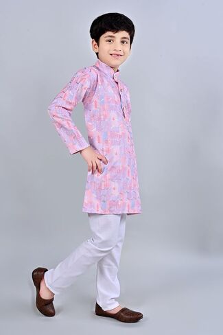 Boys Floral Printed Straight Sequinned Kurta with Pyjamas | Viscose Rayon Kurta & Cotton Blend Pyjamas in Saudi Arabia