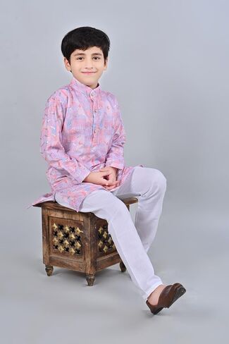 Boys Floral Printed Straight Sequinned Kurta with Pyjamas | Viscose Rayon Kurta & Cotton Blend Pyjamas in Saudi Arabia