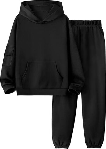 ملابس الأولاد الأكمام الطويلة صلبة الكنغر جيب هوديي والسراويل الخريف خريف الشتاء 2 قطعة من التعرق مجموعة 6-12T in Kuwait