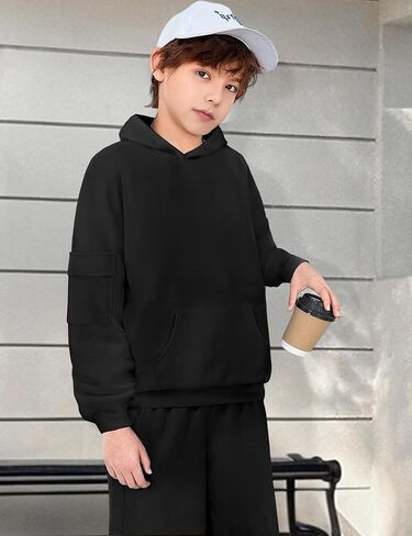 ملابس الأولاد الأكمام الطويلة صلبة الكنغر جيب هوديي والسراويل الخريف خريف الشتاء 2 قطعة من التعرق مجموعة 6-12T in Kuwait