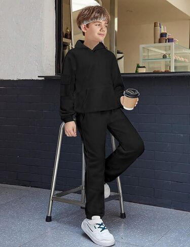 ملابس الأولاد الأكمام الطويلة صلبة الكنغر جيب هوديي والسراويل الخريف خريف الشتاء 2 قطعة من التعرق مجموعة 6-12T in Kuwait